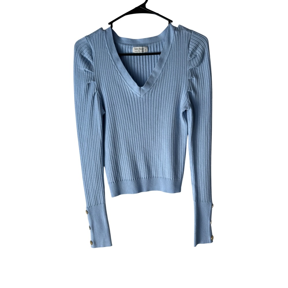 Love Always Baby Blue Ribbed Knit Puff‎ Sleeve Sweater Large Coquette Romantic